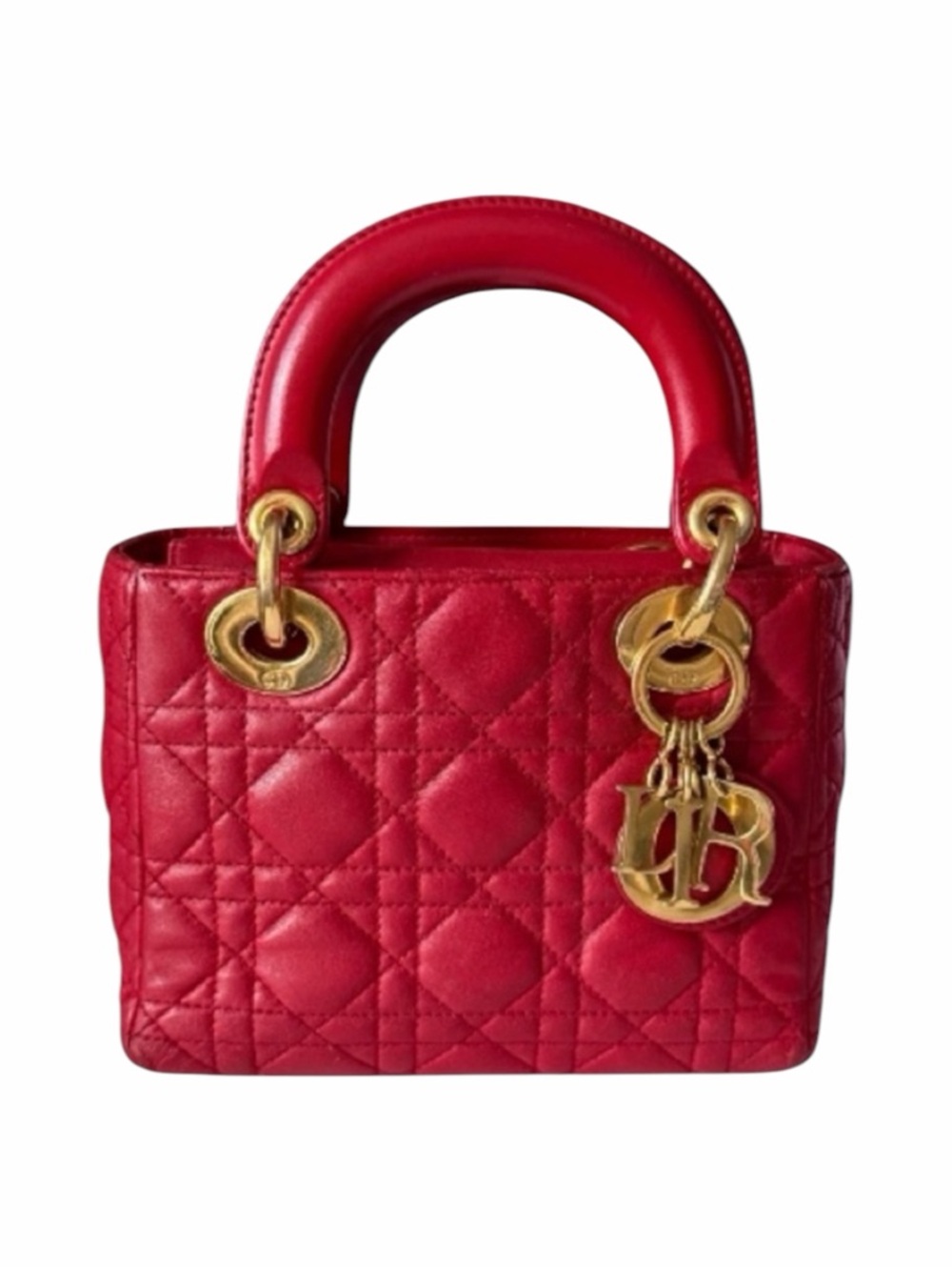 Christian Dior Lady Dior Mini Cannage Lambskin Bag Red Gold Hardware w/ Strap